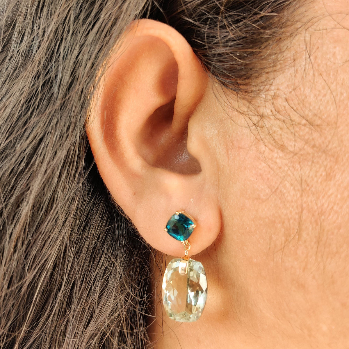 Natural London Blue Topaz and Green Amethyst Earrings, 14K Solid Yellow Gold Studs