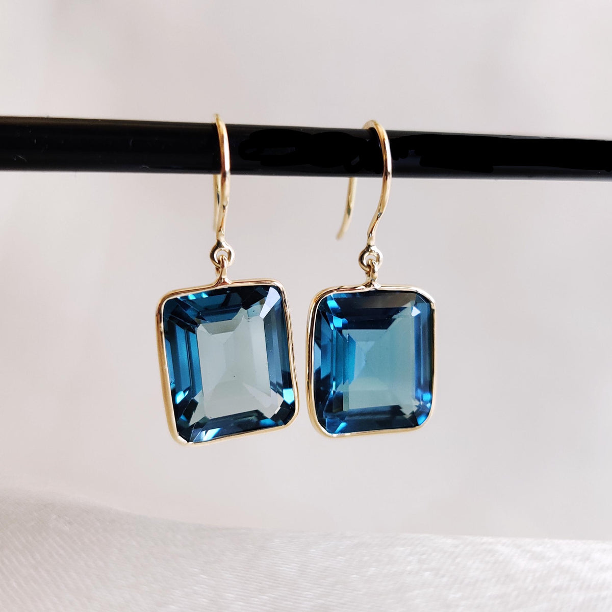 Natural London Blue Topaz Earrings, 14K Solid Yellow Gold Bezel, December Birthstone