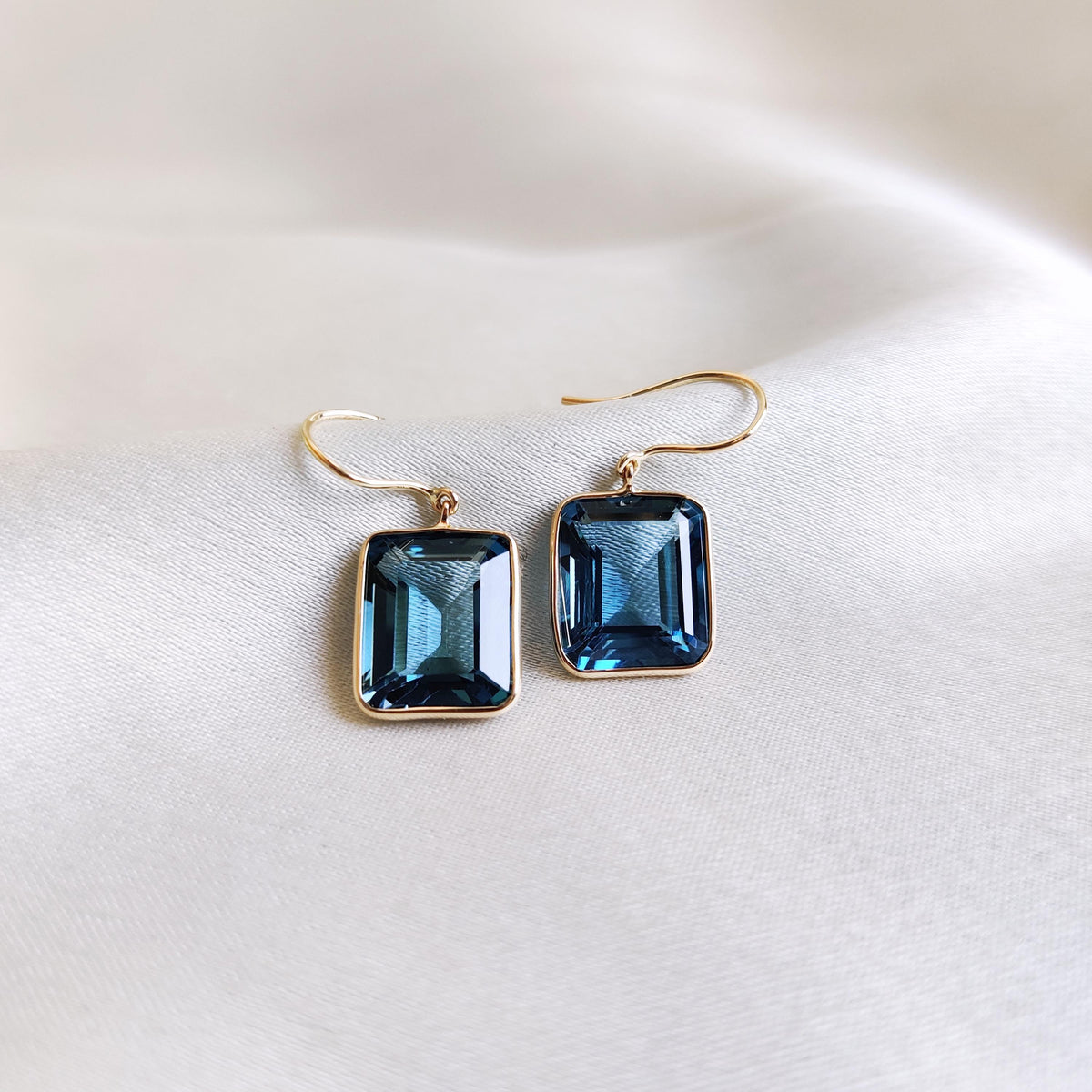 Natural London Blue Topaz Earrings, 14K Solid Yellow Gold Bezel, December Birthstone