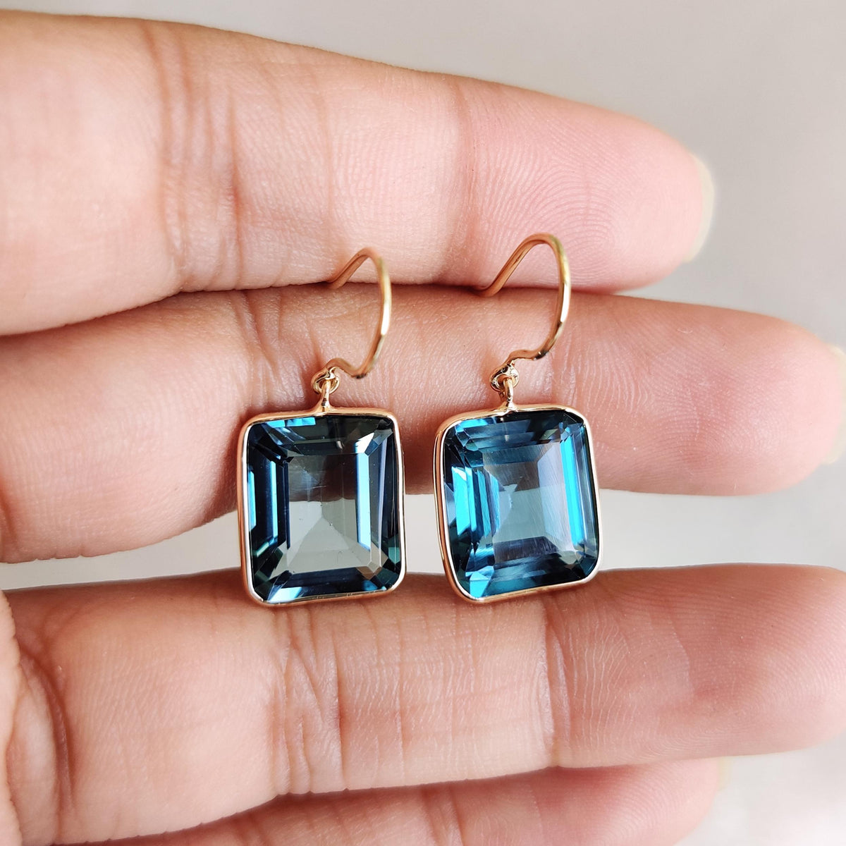 Natural London Blue Topaz Earrings, 14K Solid Yellow Gold Bezel, December Birthstone