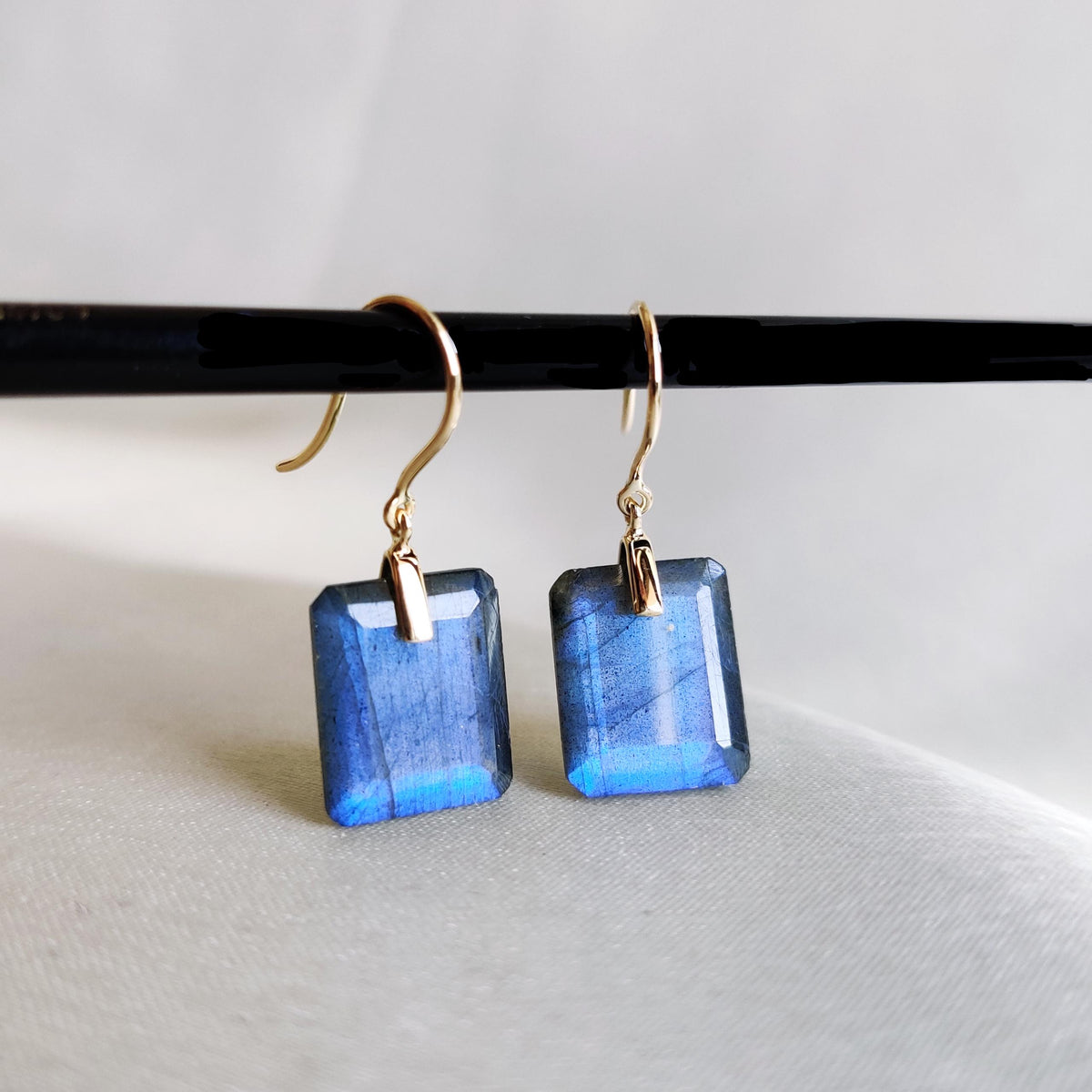 Natural Blue Labradorite Octagon Drill 14K Solid Gold Earrings, November Birthstone