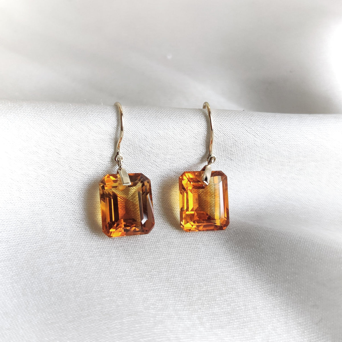 14K Solid Gold Natural Citrine Octagon Drill Earrings, November Birthstone