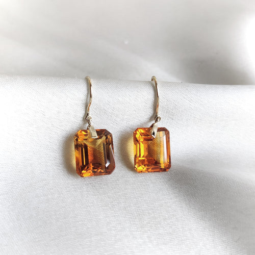 14K Solid Gold Natural Citrine Octagon Drill Earrings, November Birthstone