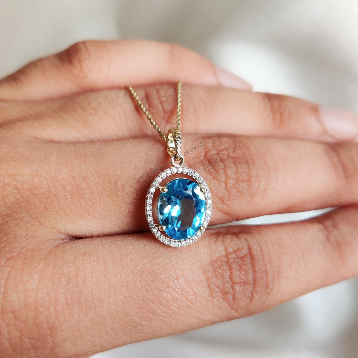Natural Swiss Blue Topaz & Diamond Pendant, 14K Solid Yellow Gold, December Birthstone