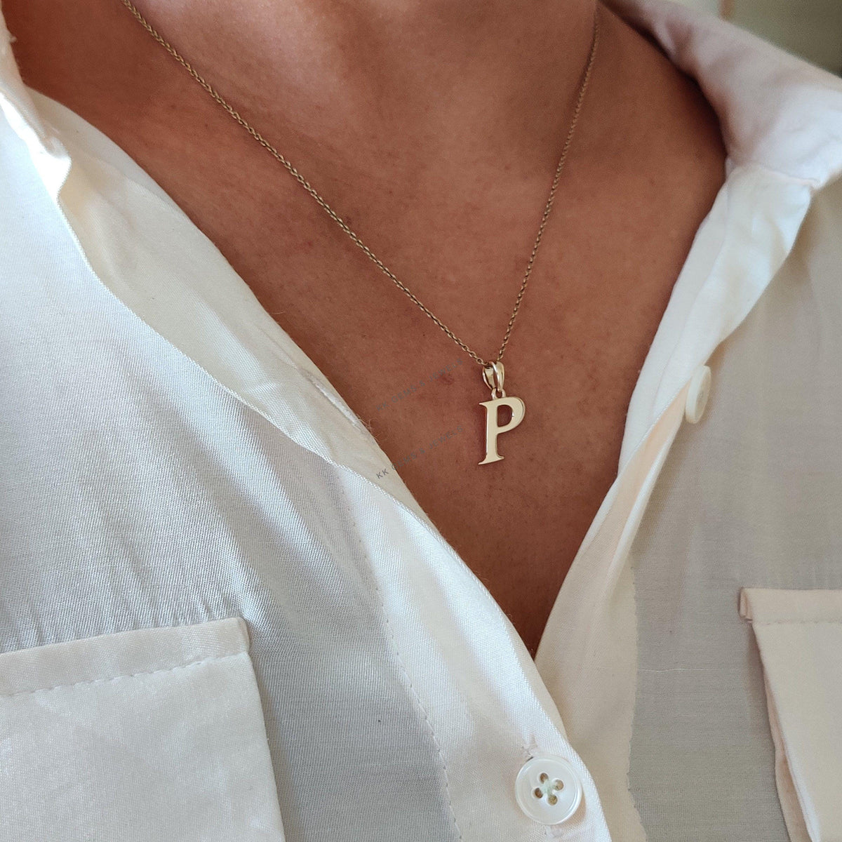 14K Solid Yellow Gold Initial P Pendant, Personalized Charm