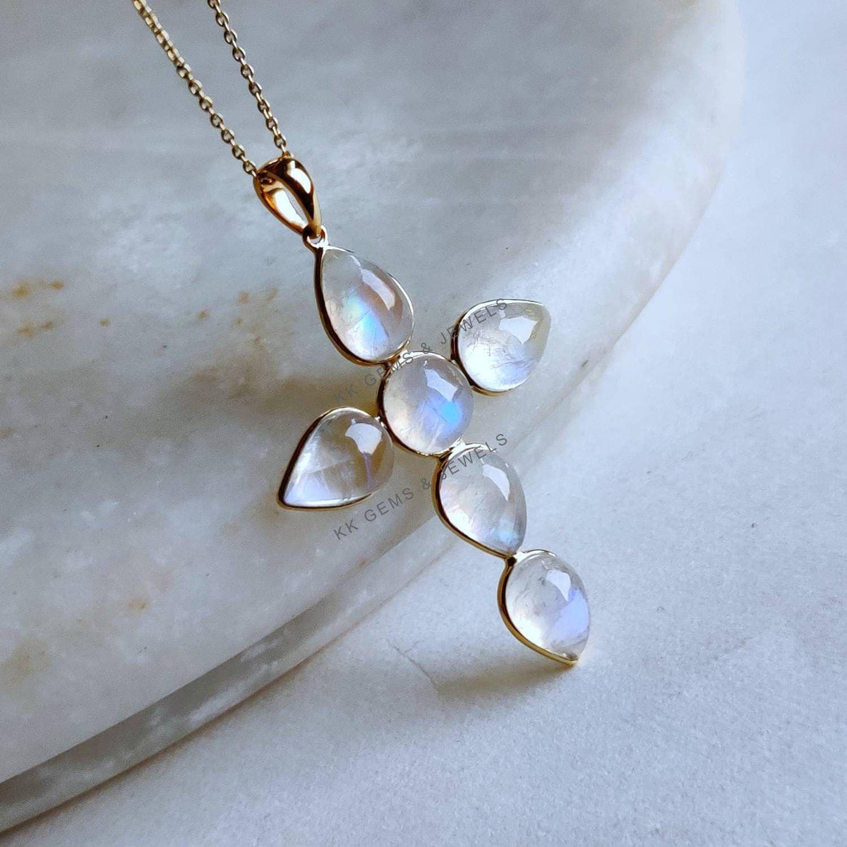 Natural Rainbow Moonstone Cross Pendant, 14K Solid Yellow Gold, June Birthstone