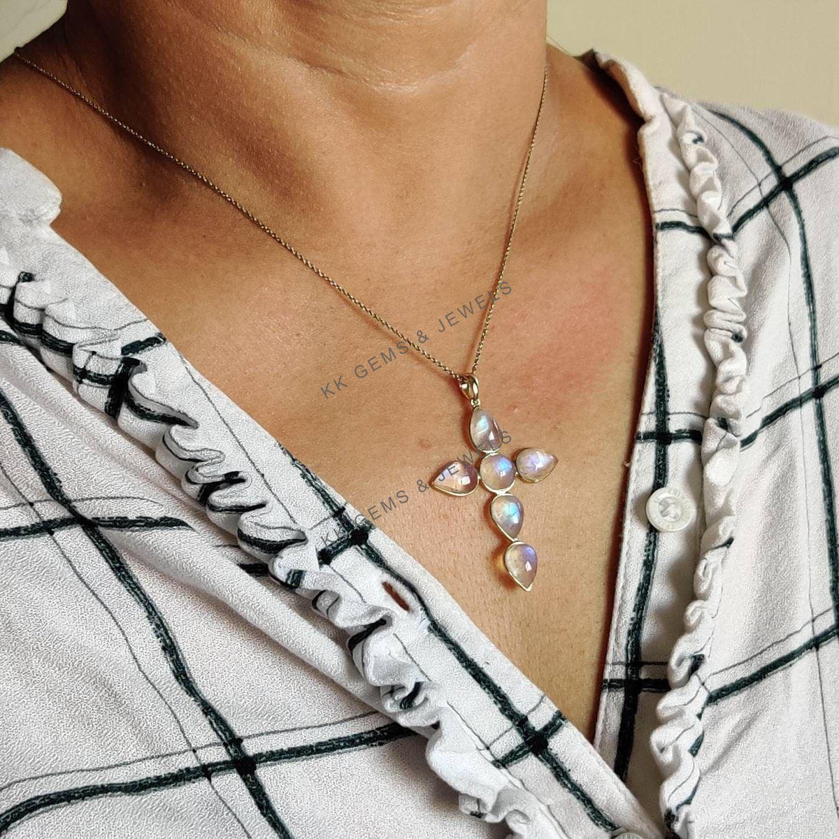 Natural Rainbow Moonstone Cross Pendant, 14K Solid Yellow Gold, June Birthstone
