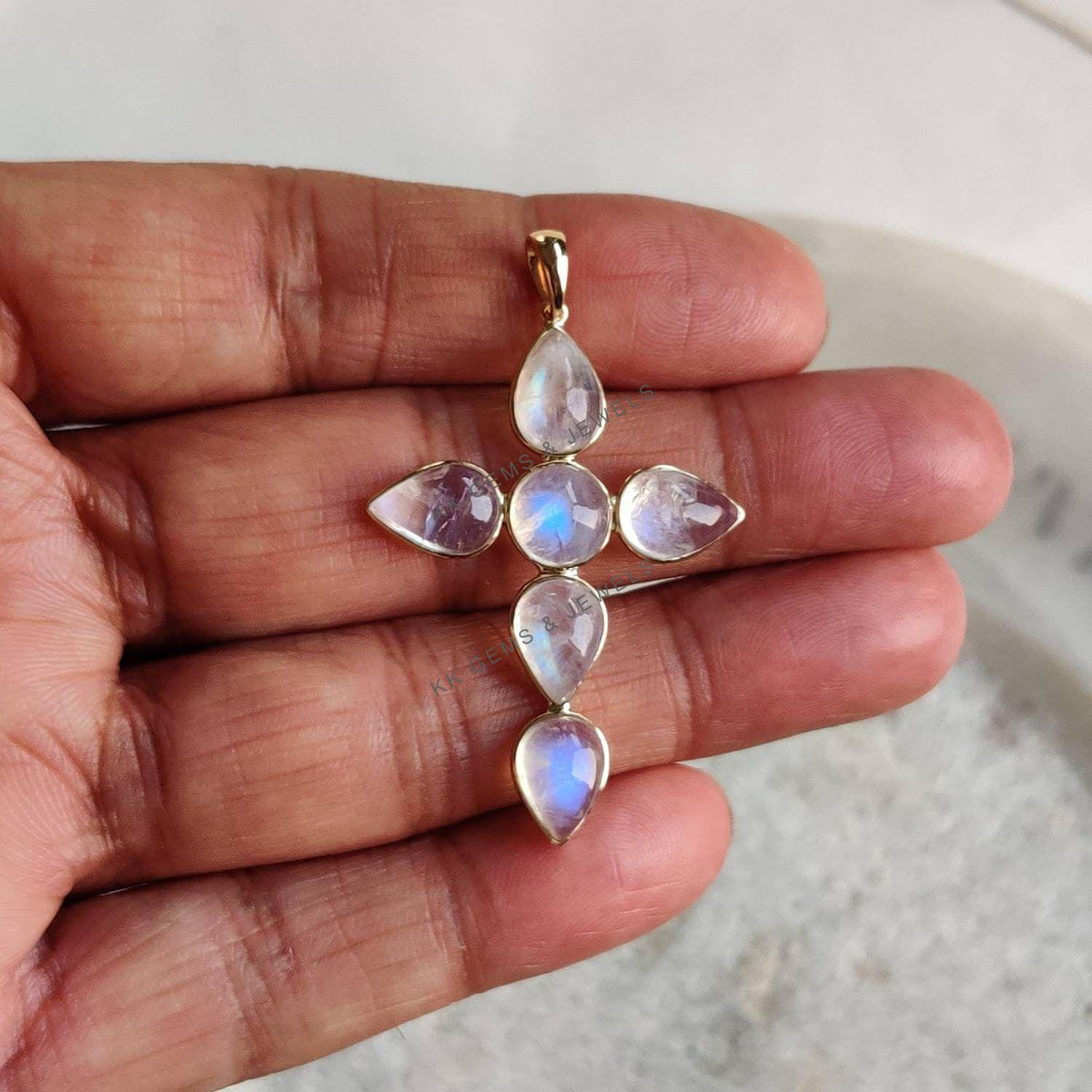 Natural Rainbow Moonstone Cross Pendant, 14K Solid Yellow Gold, June Birthstone