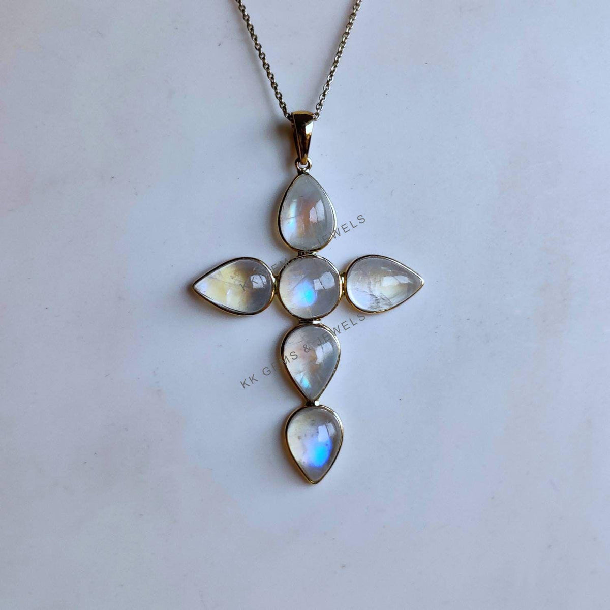 Natural Rainbow Moonstone Cross Pendant, 14K Solid Yellow Gold, June Birthstone