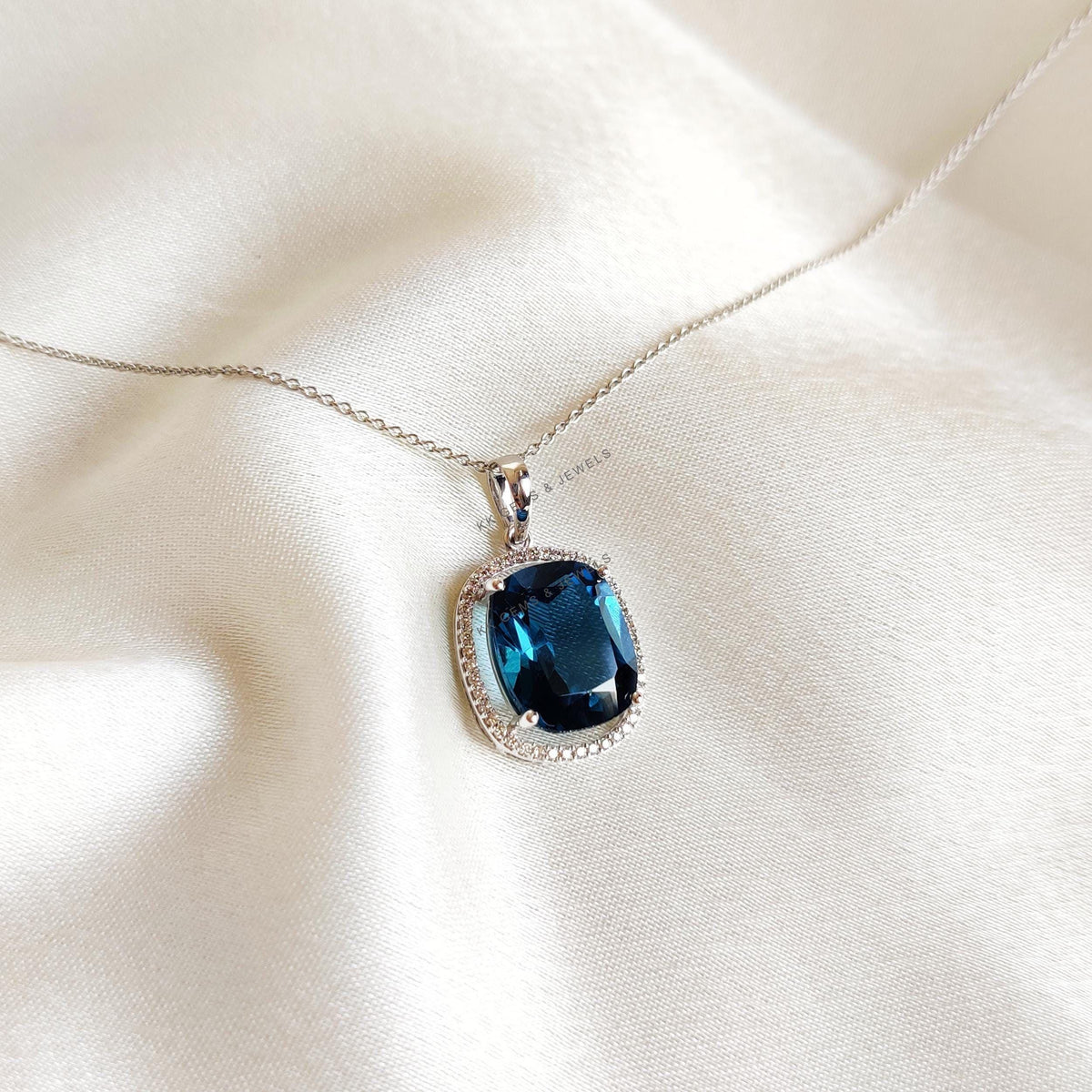 Natural London Blue Topaz & Diamond Pendant: 14K Solid White Gold Cushion Cut