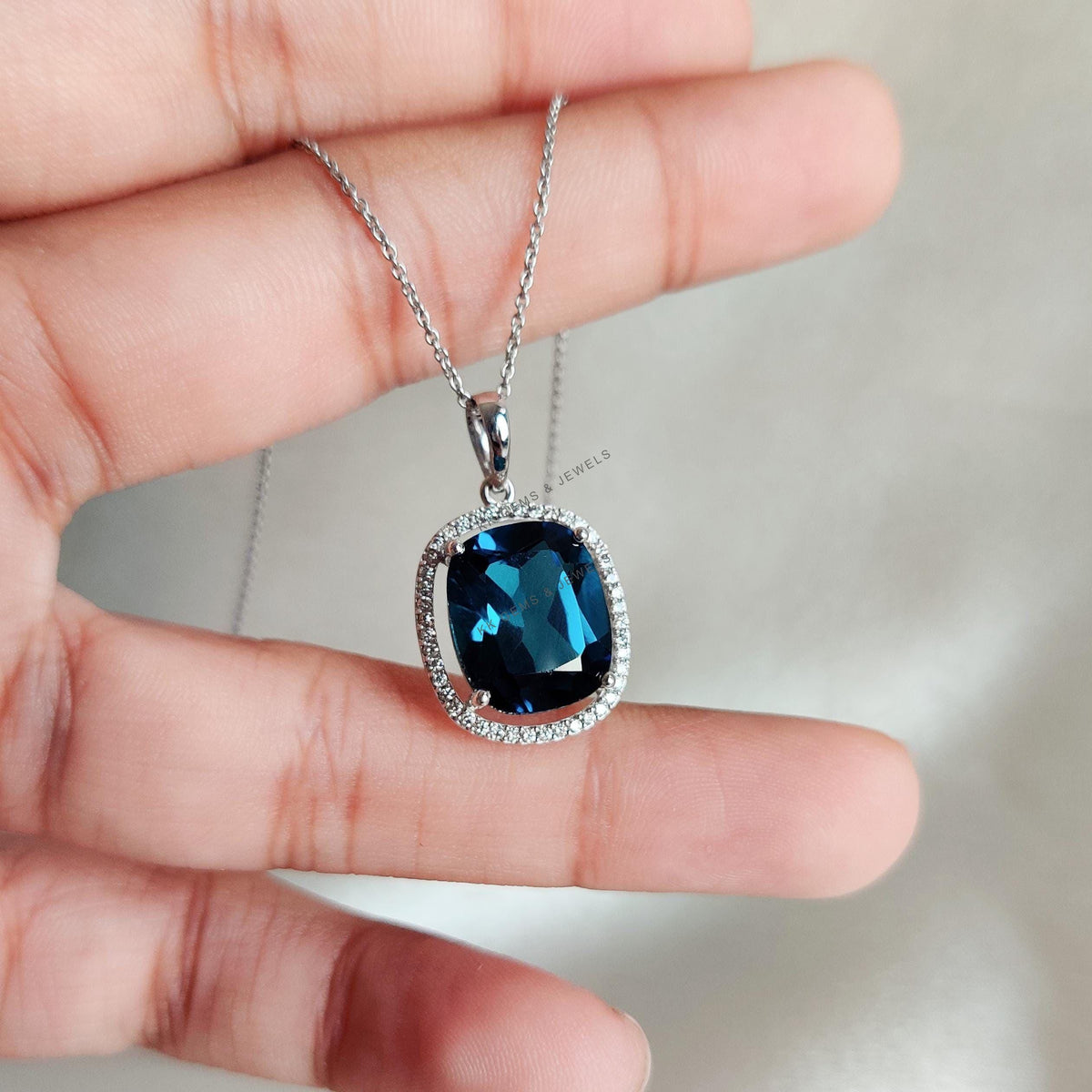Natural London Blue Topaz & Diamond Pendant: 14K Solid White Gold Cushion Cut
