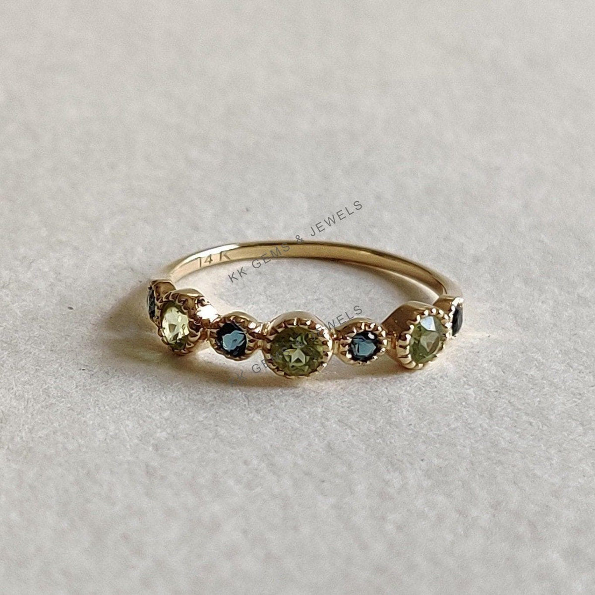 Natural Peridot & London Blue Topaz Ring, 14K Solid Yellow Gold Gemstone Stackable Ring