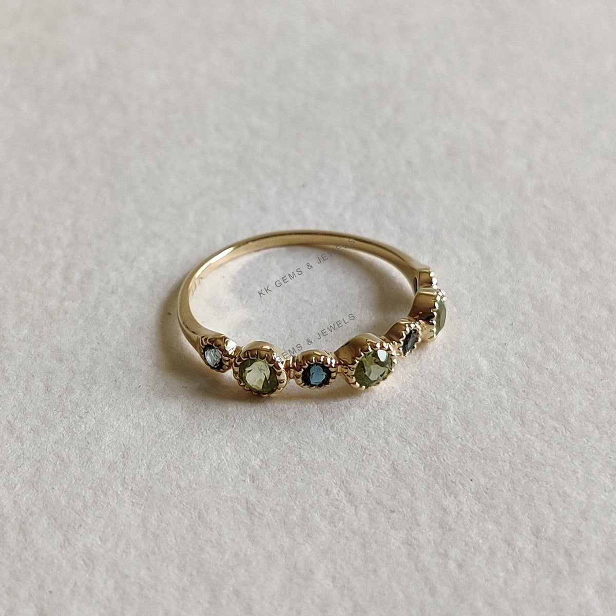 Natural Peridot & London Blue Topaz Ring, 14K Solid Yellow Gold Gemstone Stackable Ring