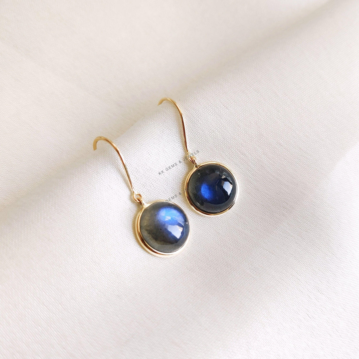 14K Solid Gold Natural Labradorite Earrings, Round Cabochon Bezel