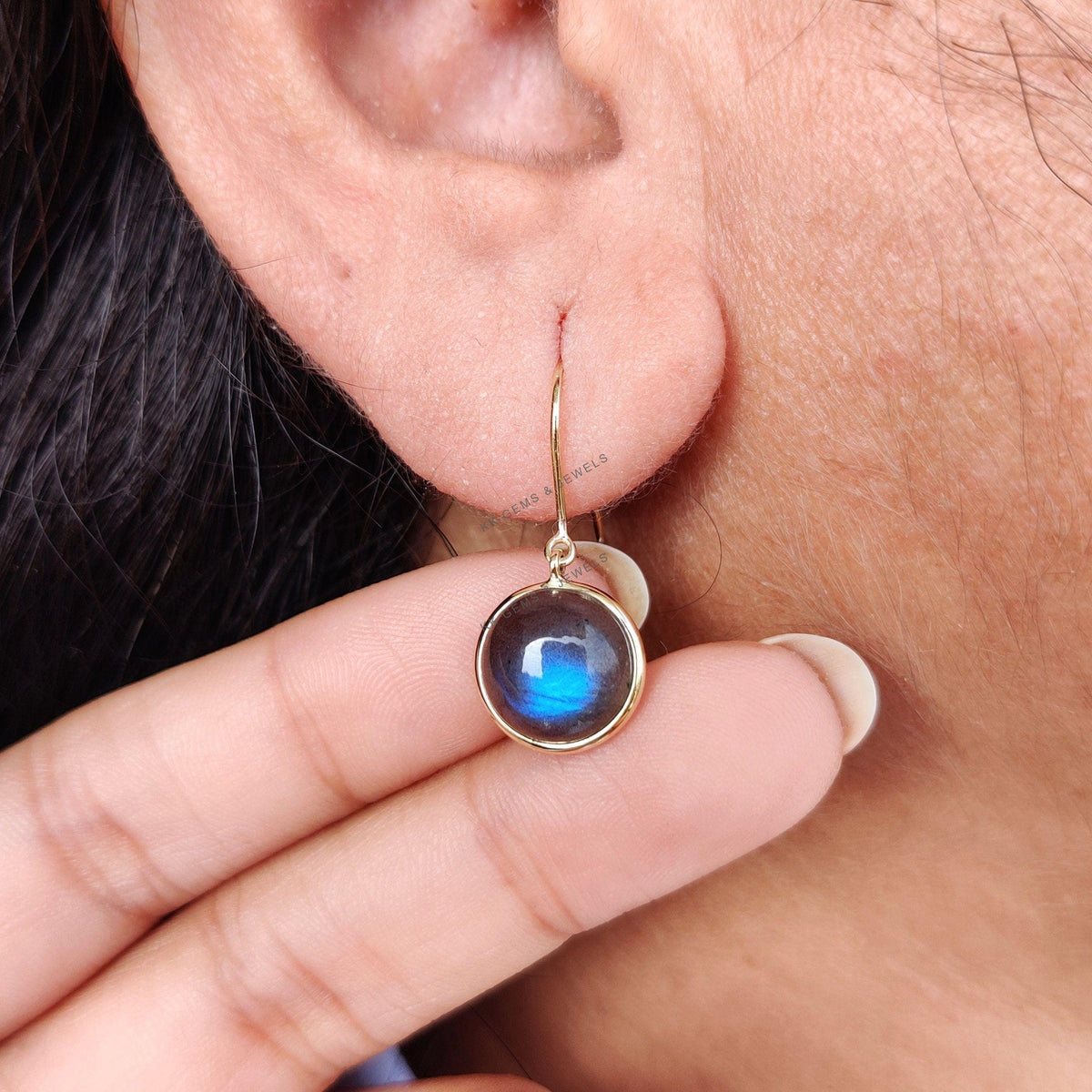 14K Solid Gold Natural Labradorite Earrings, Round Cabochon Bezel