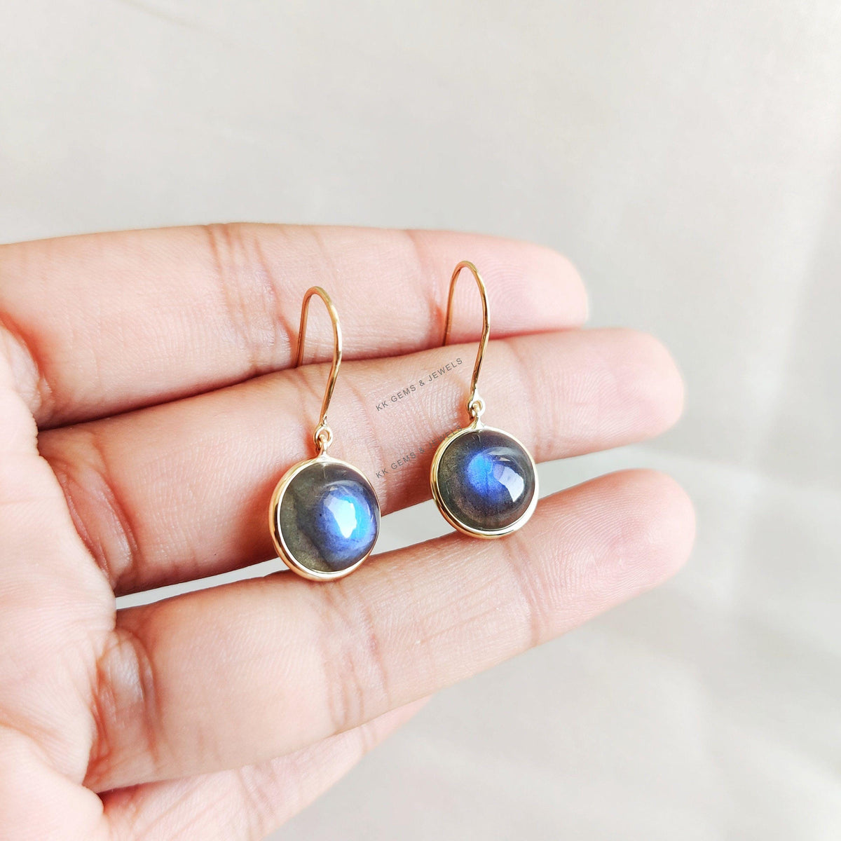 14K Solid Gold Natural Labradorite Earrings, Round Cabochon Bezel