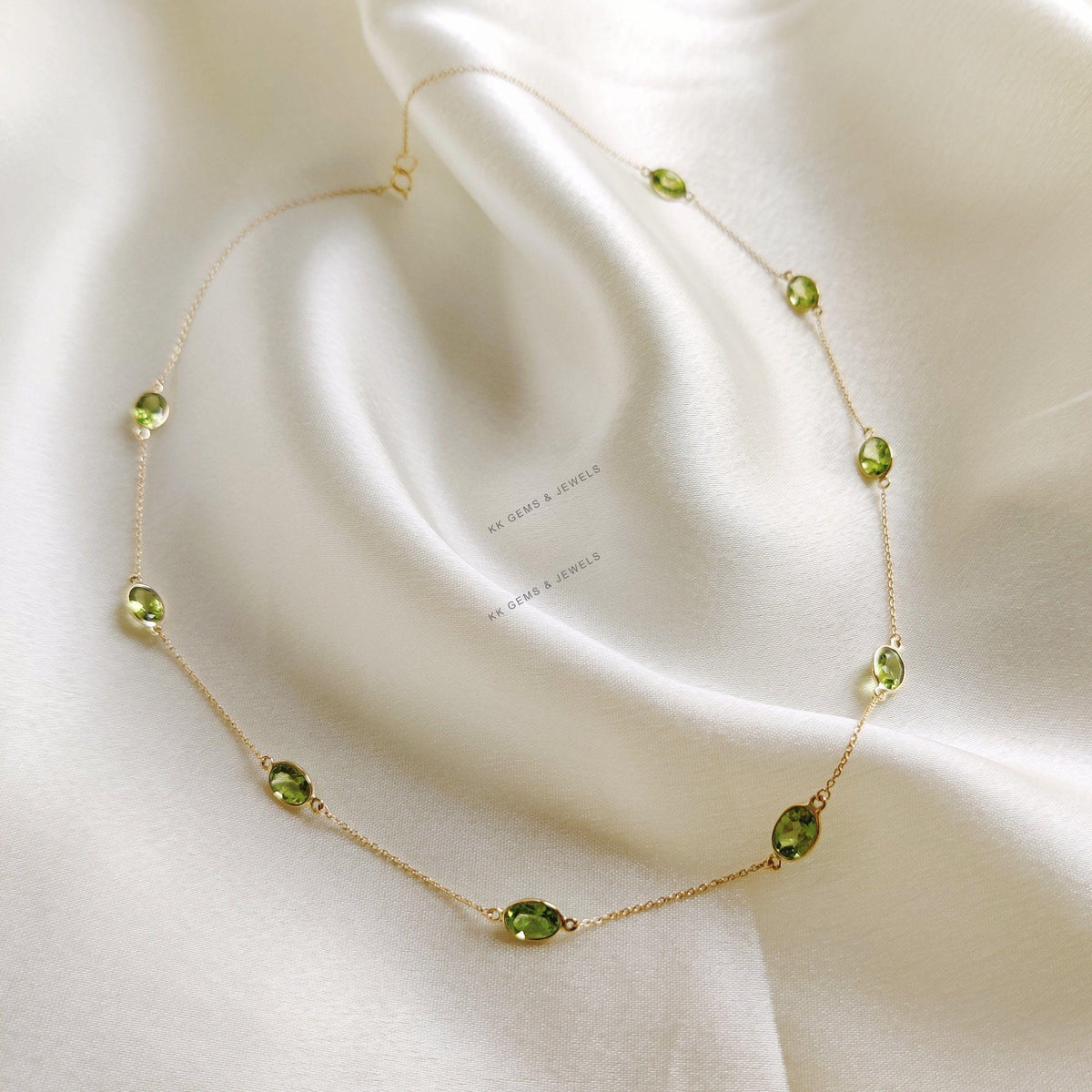 Natural Peridot Bezel Necklace, 14K Solid Yellow Gold, August Birthstone