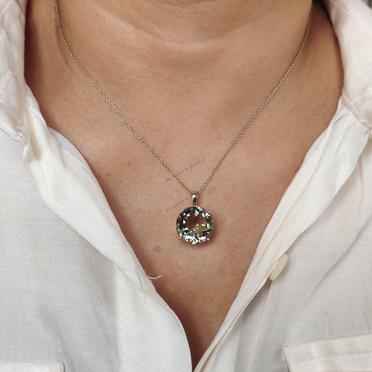 Natural Green Amethyst Pendant, 14K Solid Yellow Gold Pendant, February Birthstone