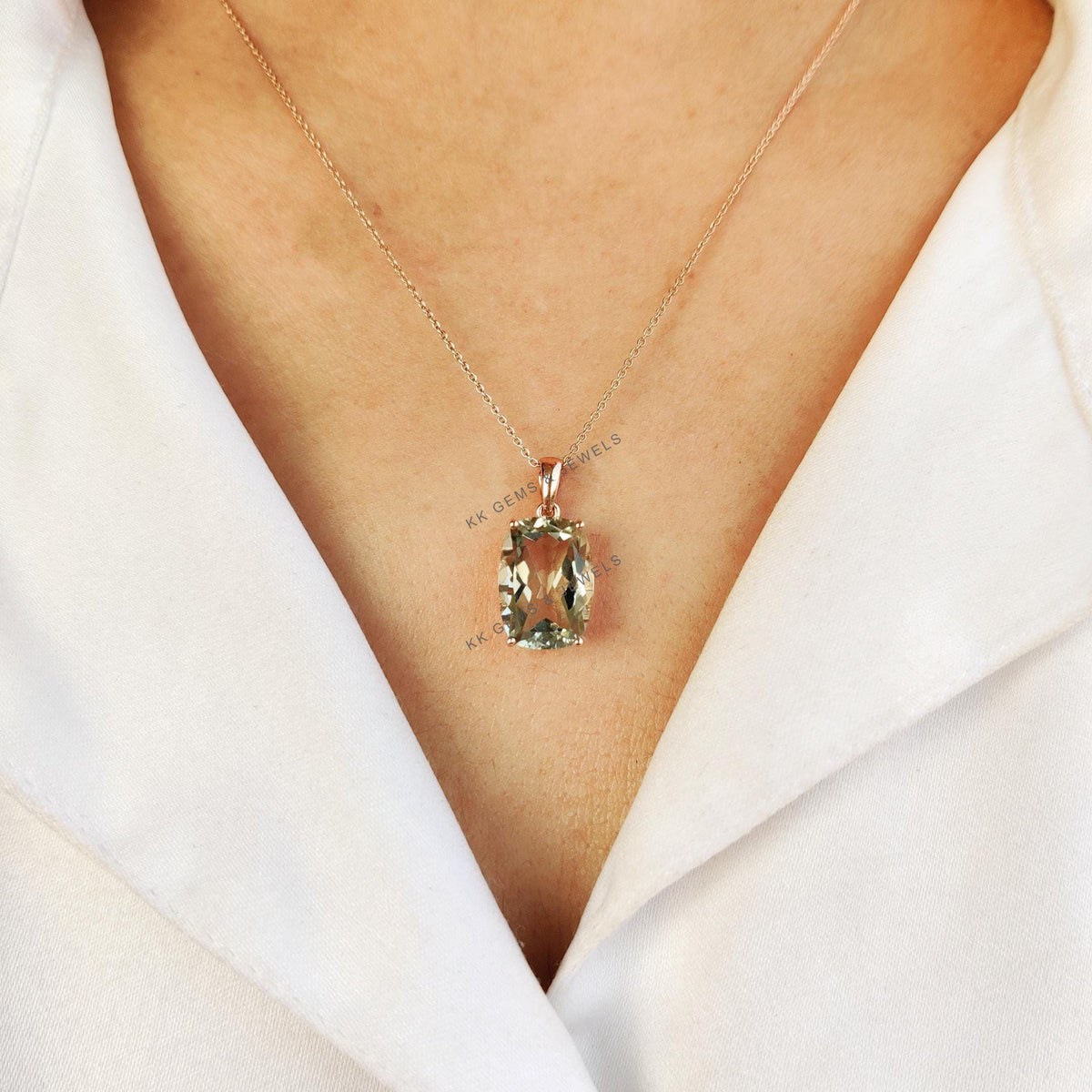 Natural Green Amethyst Pendant, 14K Solid Rose Gold, February Birthstone
