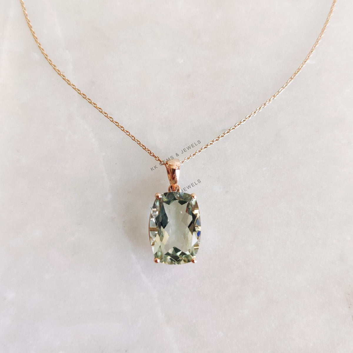 Natural Green Amethyst Pendant, 14K Solid Rose Gold, February Birthstone