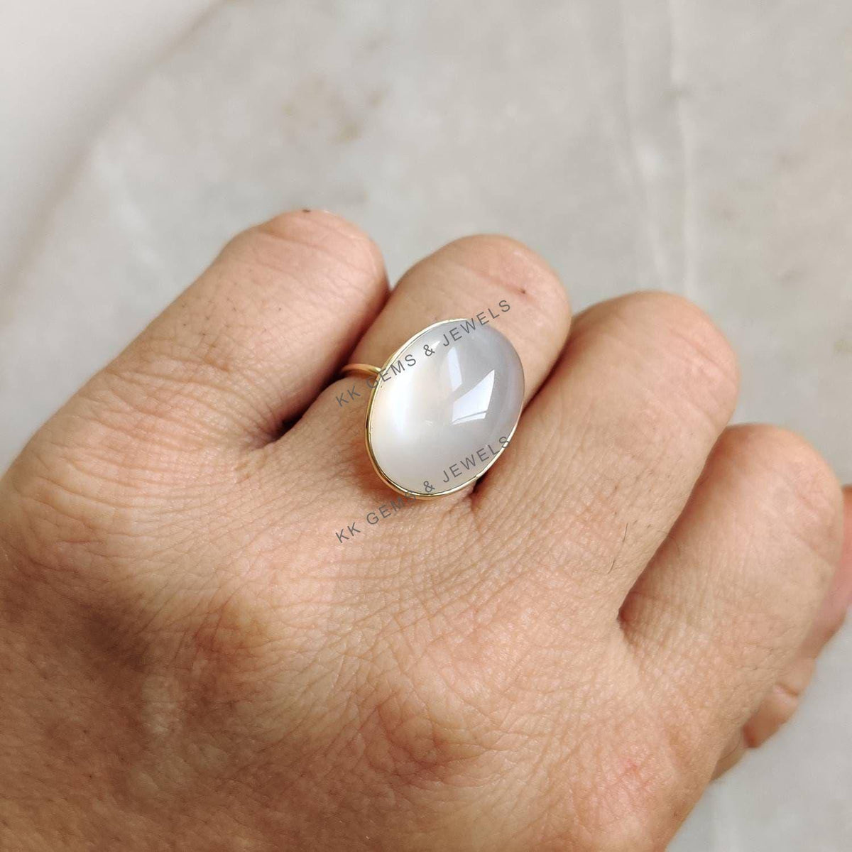Oval Natural White Moonstone Ring, 14K Solid Yellow Gold Bezel Setting, June Birthstone
