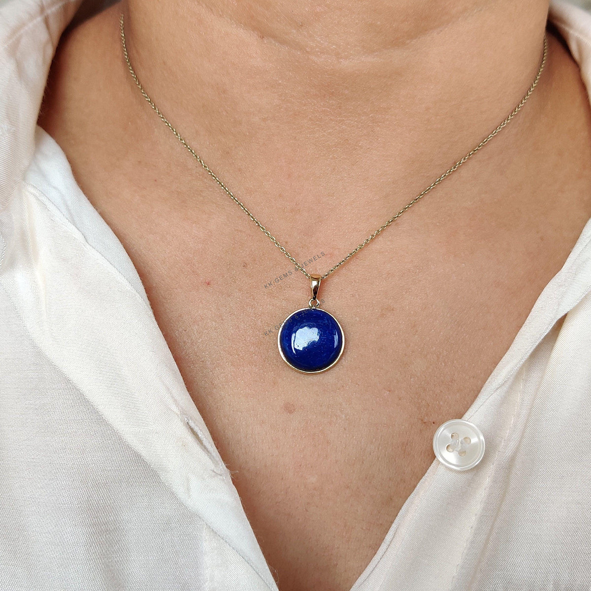 14K Solid Yellow Gold Natural Lapis Lazuli Pendant, Round Cabochon, September Birthstone, Christmas Present