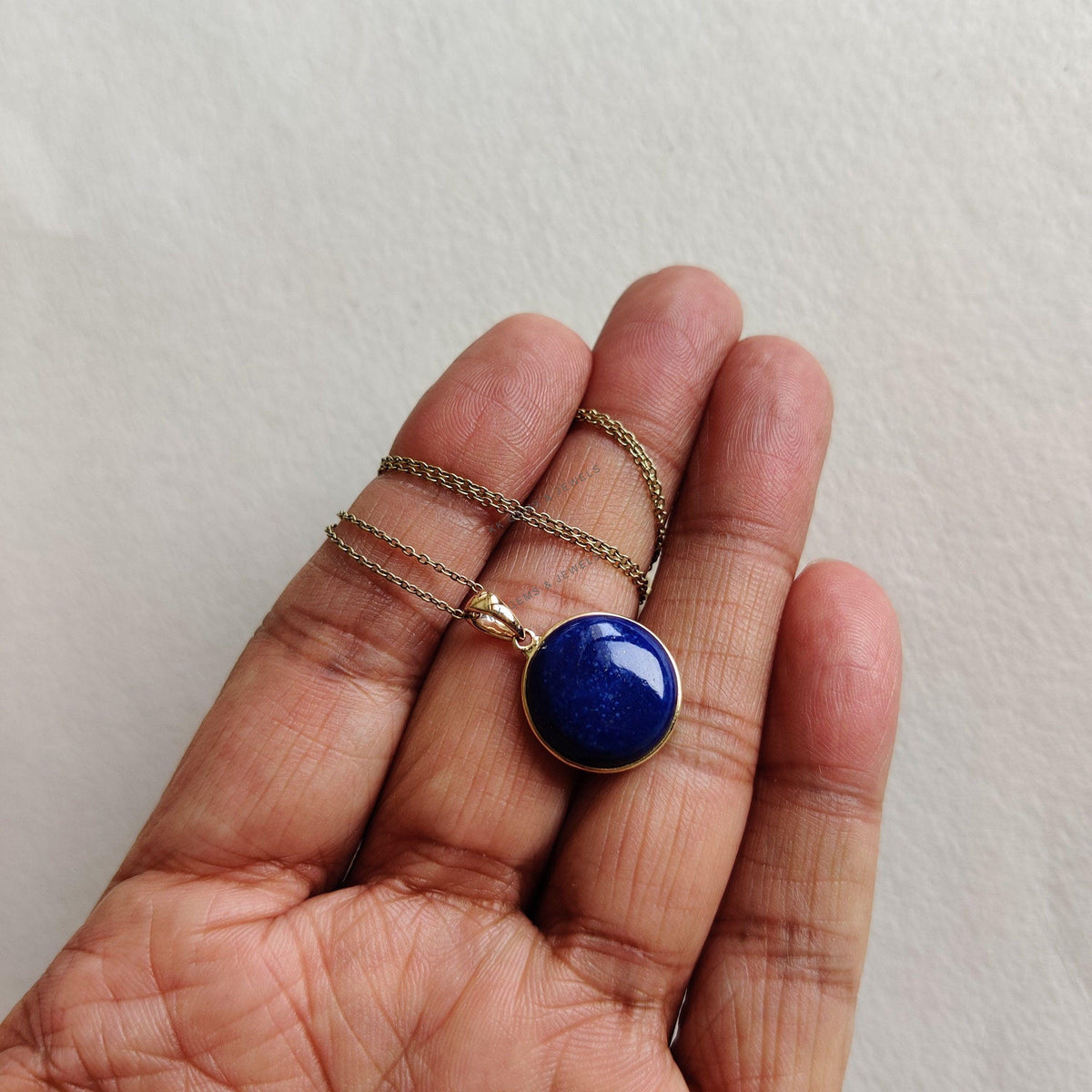 14K Solid Yellow Gold Natural Lapis Lazuli Pendant, Round Cabochon, September Birthstone, Christmas Present