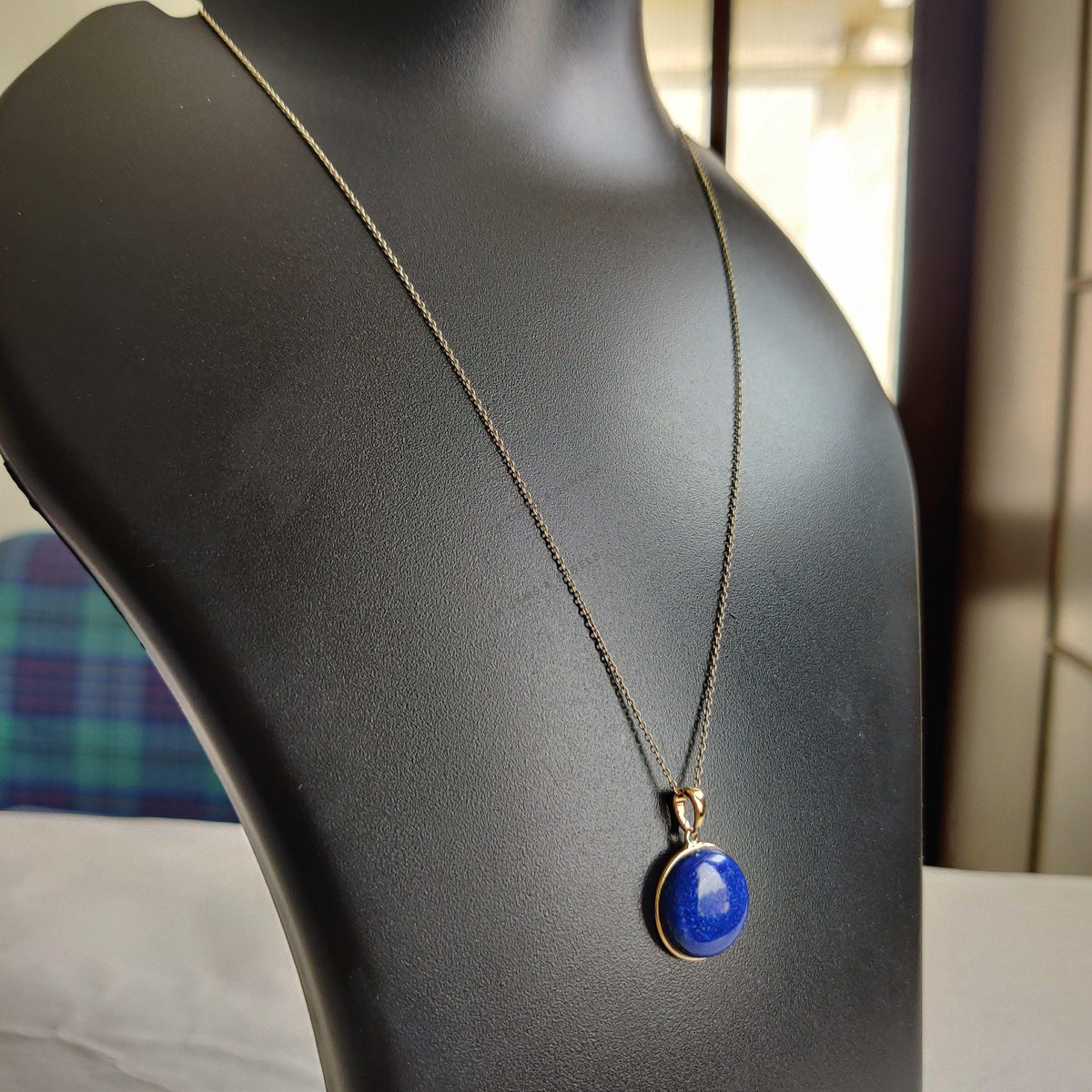 14K Solid Yellow Gold Natural Lapis Lazuli Pendant, Round Cabochon, September Birthstone, Christmas Present