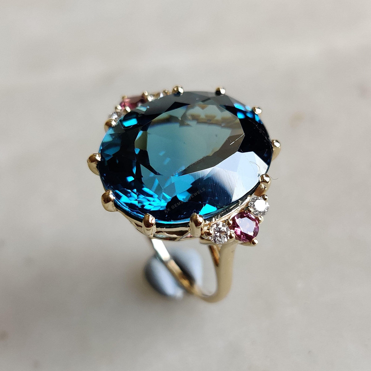 Natural London Blue Topaz & Diamond and Pink Tourmaline Cocktail Ring, 14K Solid Yellow Gold