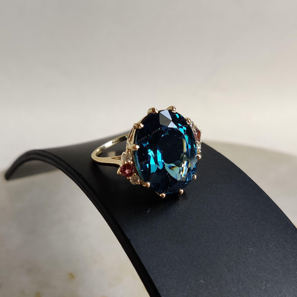 Natural London Blue Topaz & Diamond and Pink Tourmaline Cocktail Ring, 14K Solid Yellow Gold