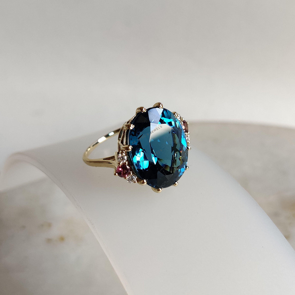 Natural London Blue Topaz & Diamond and Pink Tourmaline Cocktail Ring, 14K Solid Yellow Gold