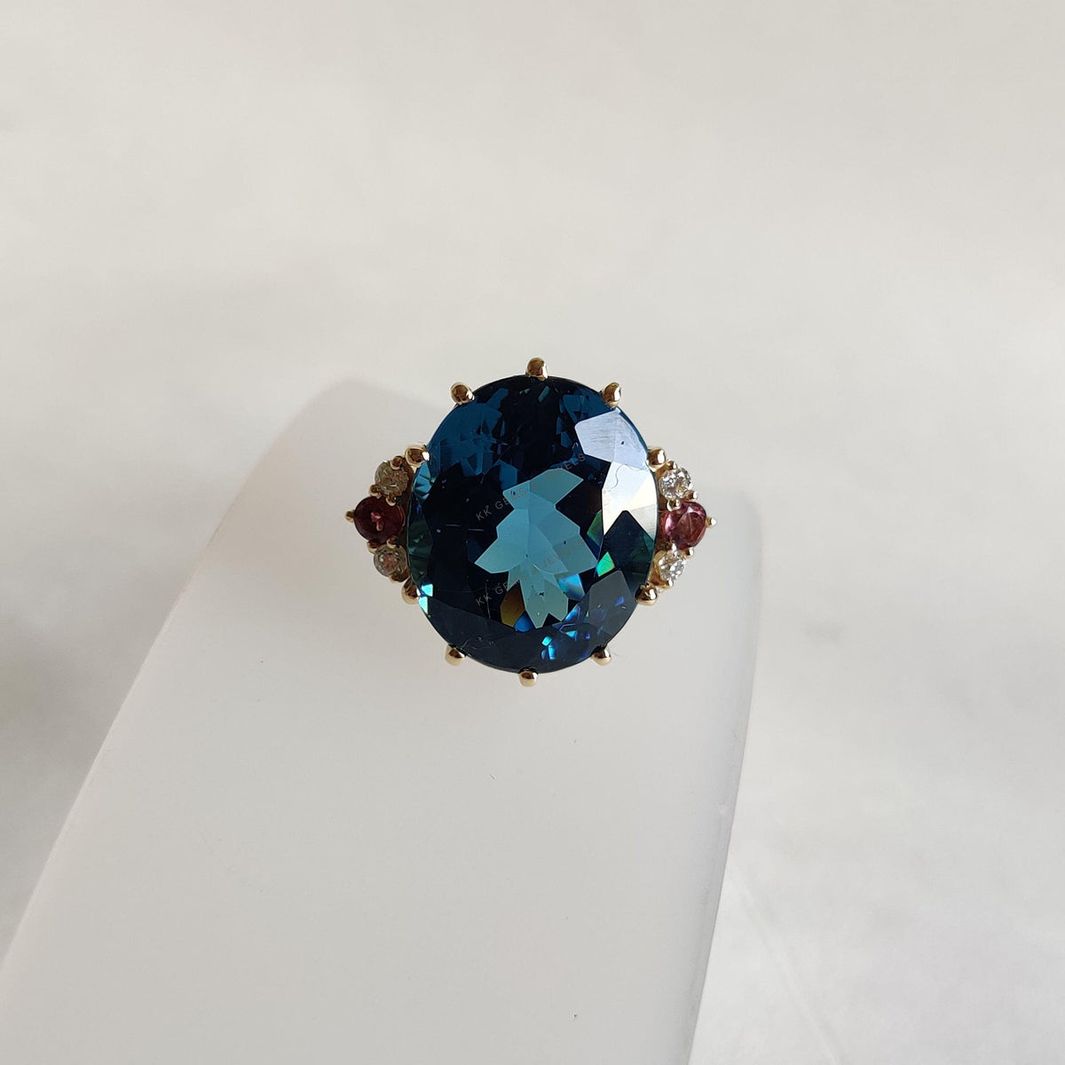 Natural London Blue Topaz & Diamond and Pink Tourmaline Cocktail Ring, 14K Solid Yellow Gold