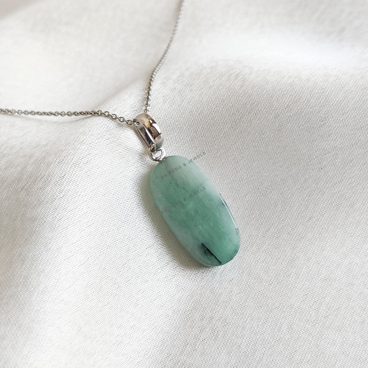 Natural Emerald Drill Pendant, 14K Solid White Gold, May Birthstone