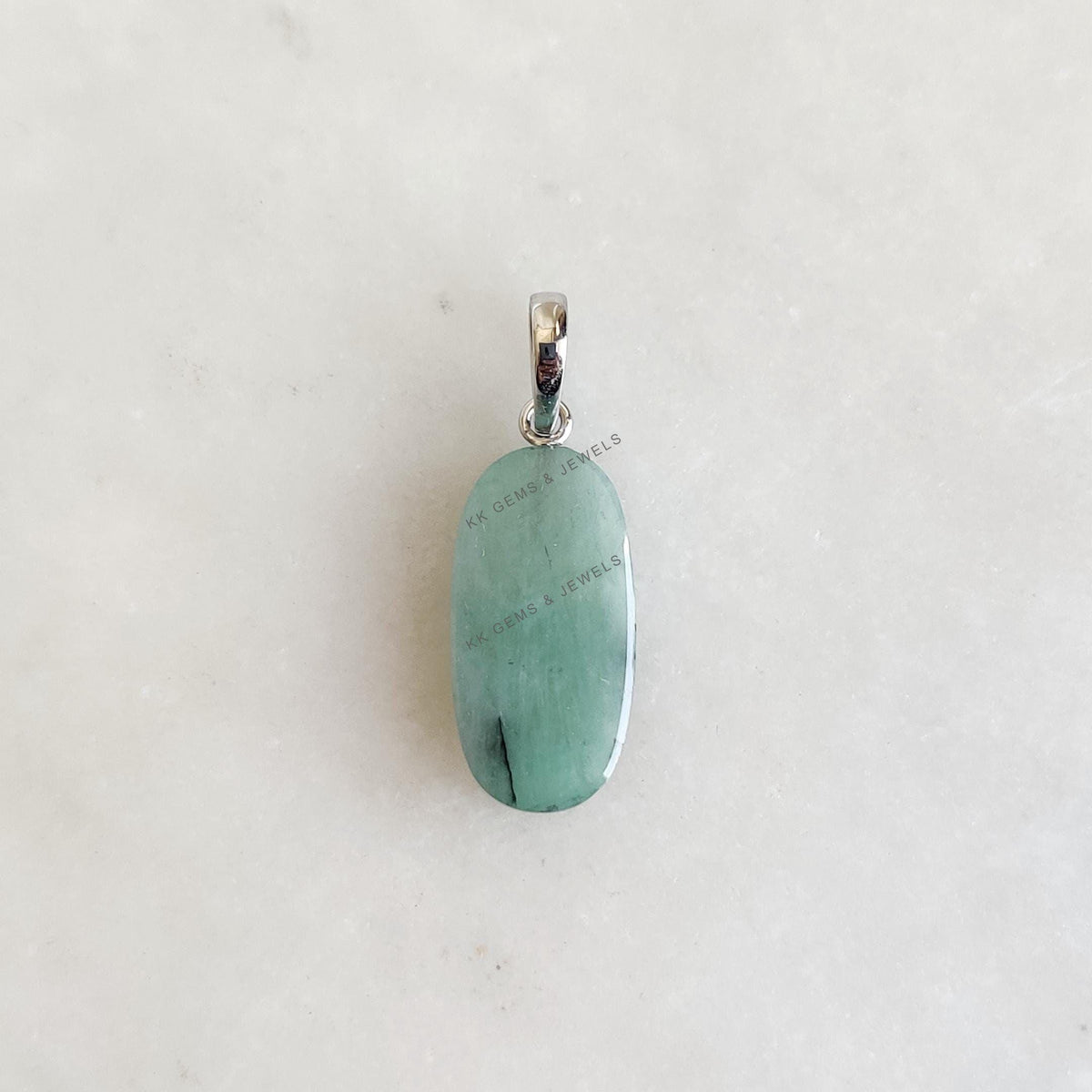 Natural Emerald Drill Pendant, 14K Solid White Gold, May Birthstone
