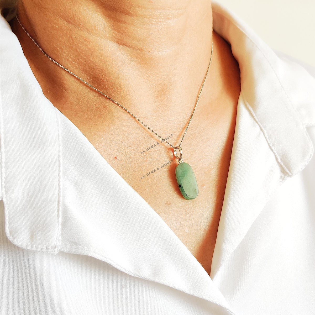 Natural Emerald Drill Pendant, 14K Solid White Gold, May Birthstone