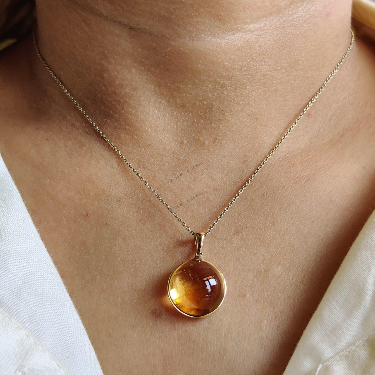 Natural Citrine 14K Solid Yellow Gold Round Pendant, November Birthstone