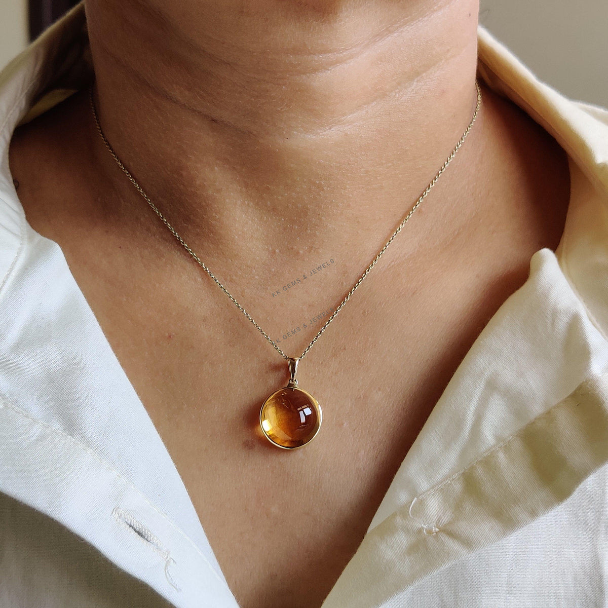 Natural Citrine 14K Solid Yellow Gold Round Pendant, November Birthstone