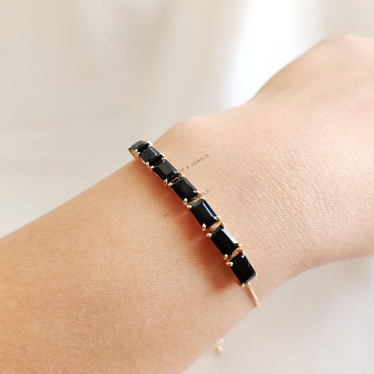 14K Solid Yellow Gold Natural Black Onyx Bolo Bracelet, December Birthstone Bracelet