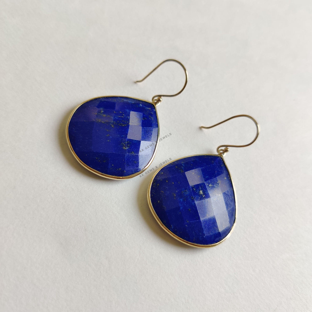 14K Solid Yellow Gold Natural Lapis Lazuli Bezel Earrings, September Birthstone Jewelry
