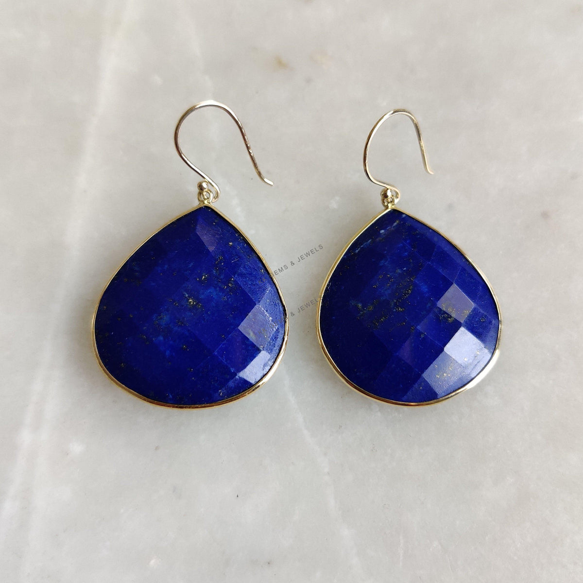 14K Solid Yellow Gold Natural Lapis Lazuli Bezel Earrings, September Birthstone Jewelry