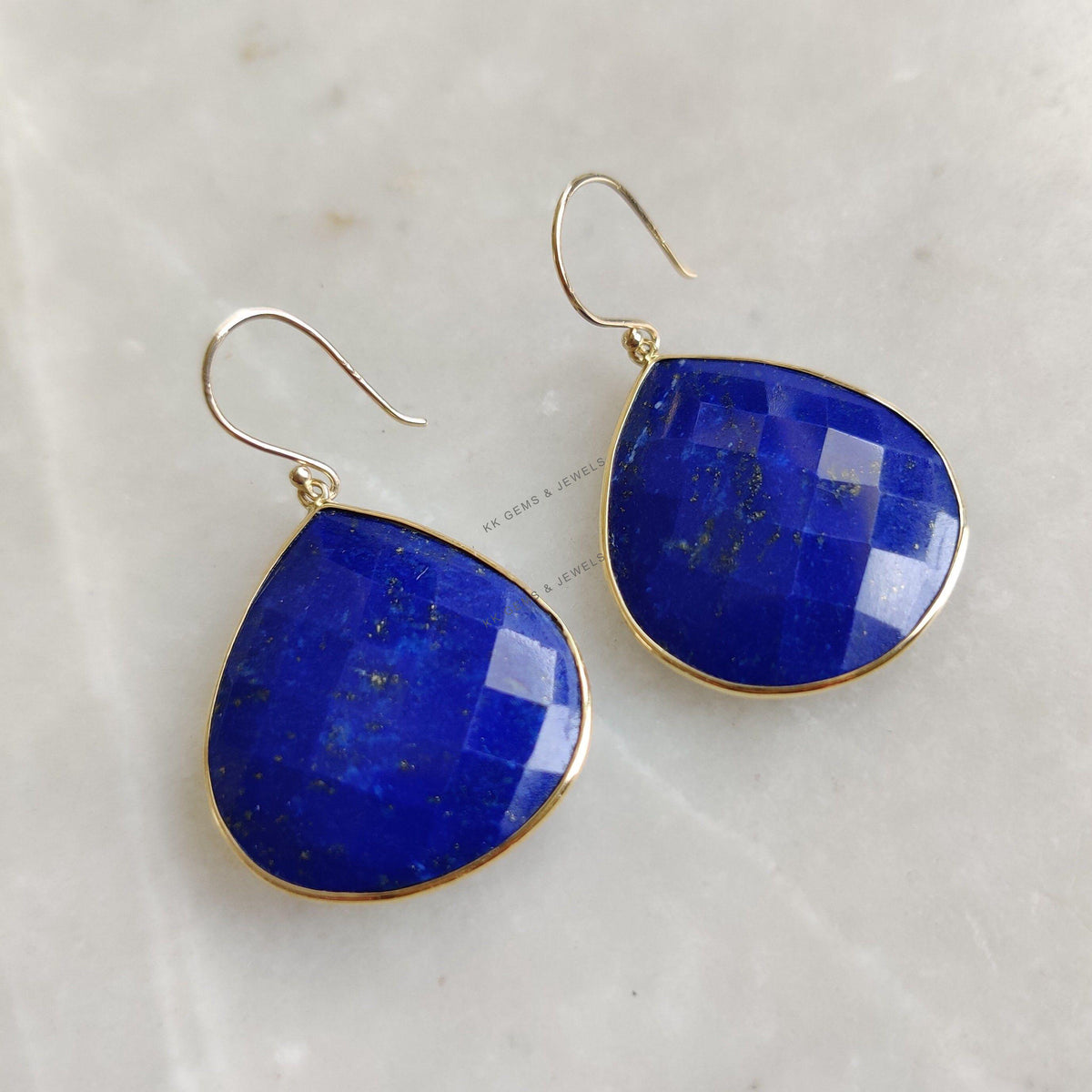 14K Solid Yellow Gold Natural Lapis Lazuli Bezel Earrings, September Birthstone Jewelry