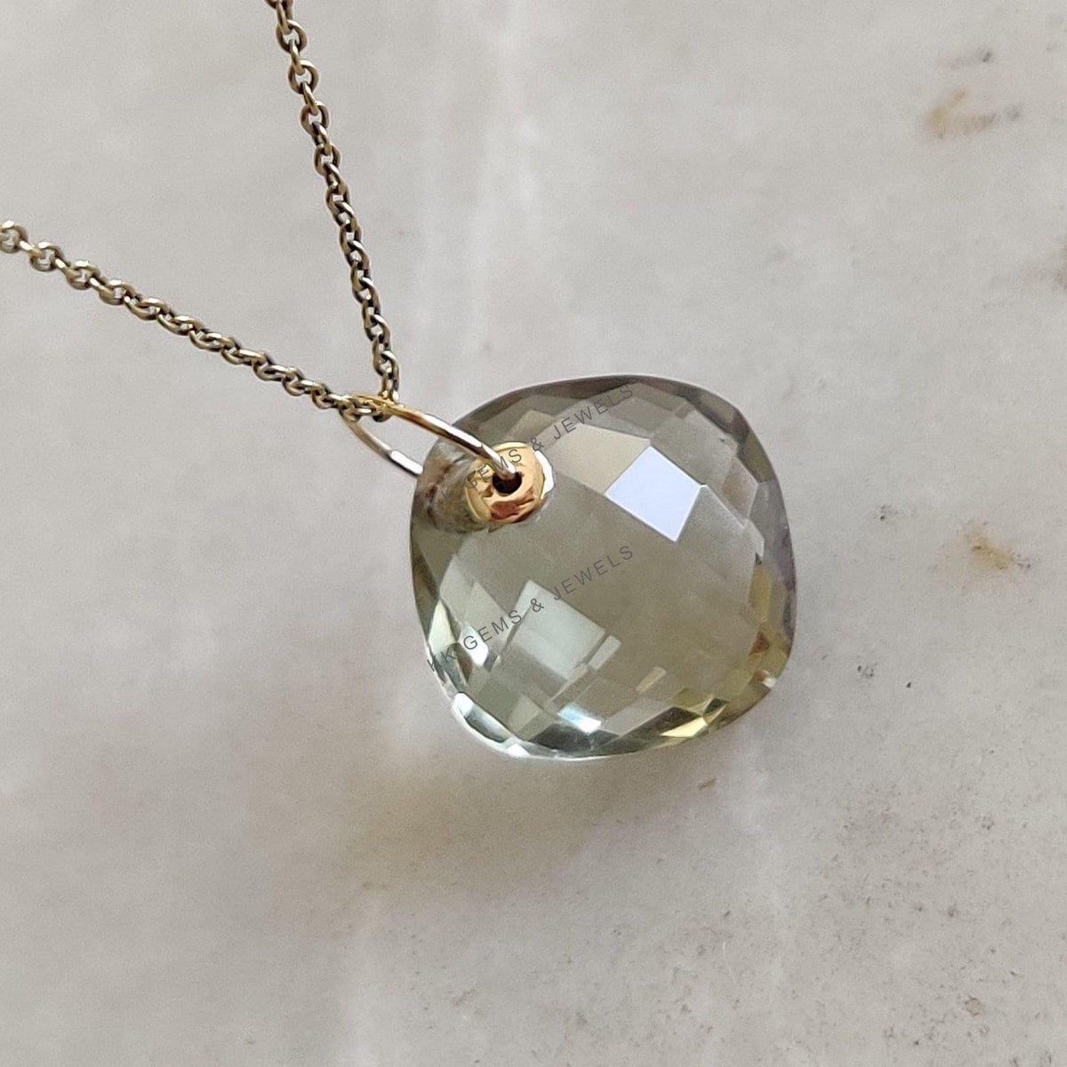Natural Green Amethyst Pendant: 14K Solid Yellow Gold Drill Pendant, February Birthstone