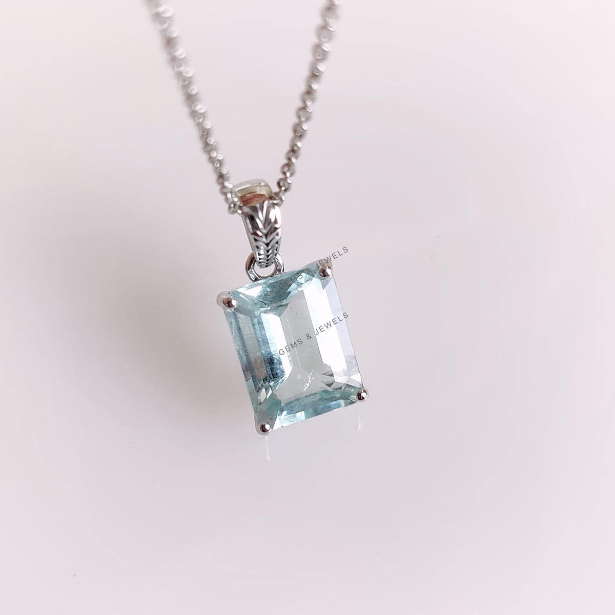 Natural Aquamarine Pendant, 14K Solid White Gold, March Birthstone