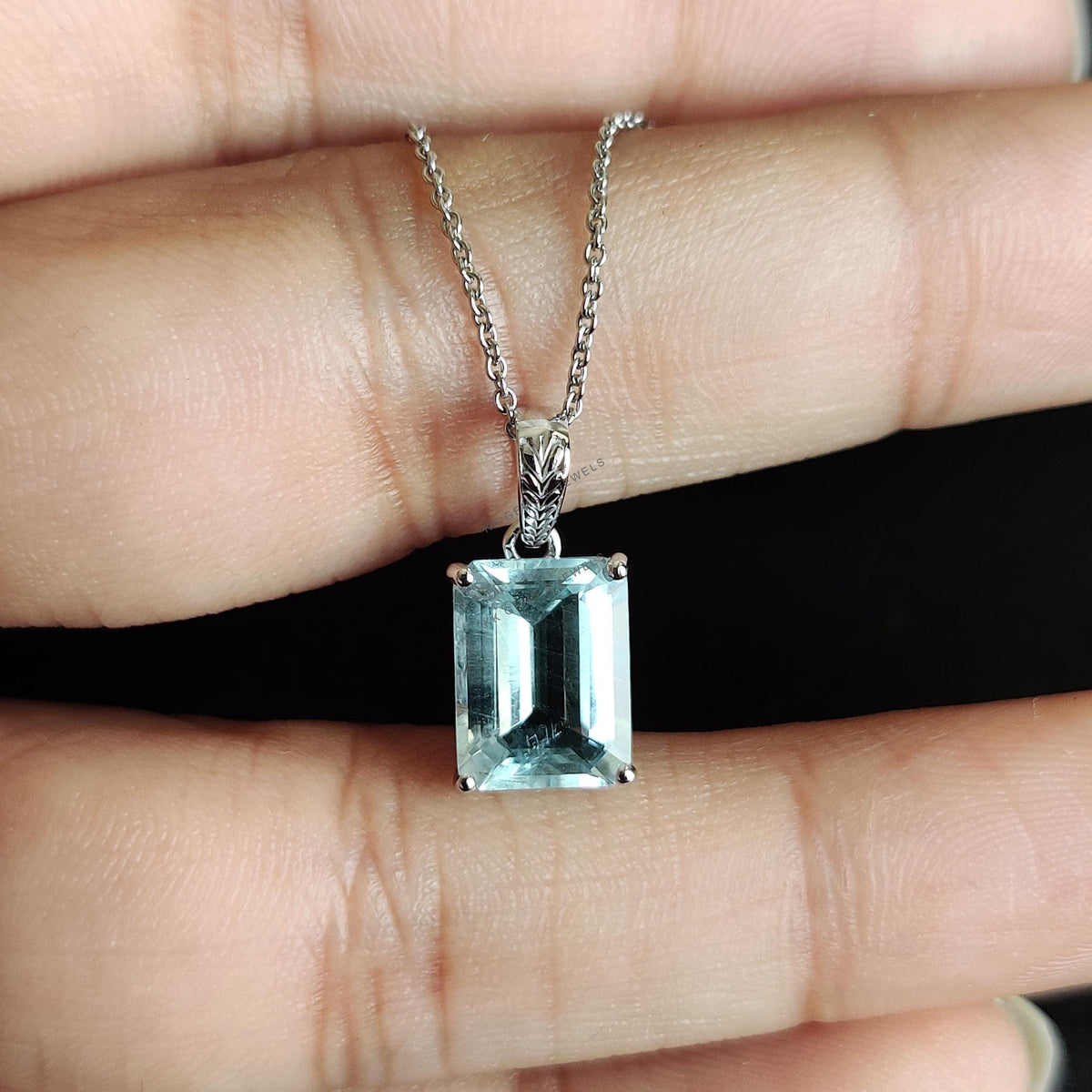 Natural Aquamarine Pendant, 14K Solid White Gold, March Birthstone