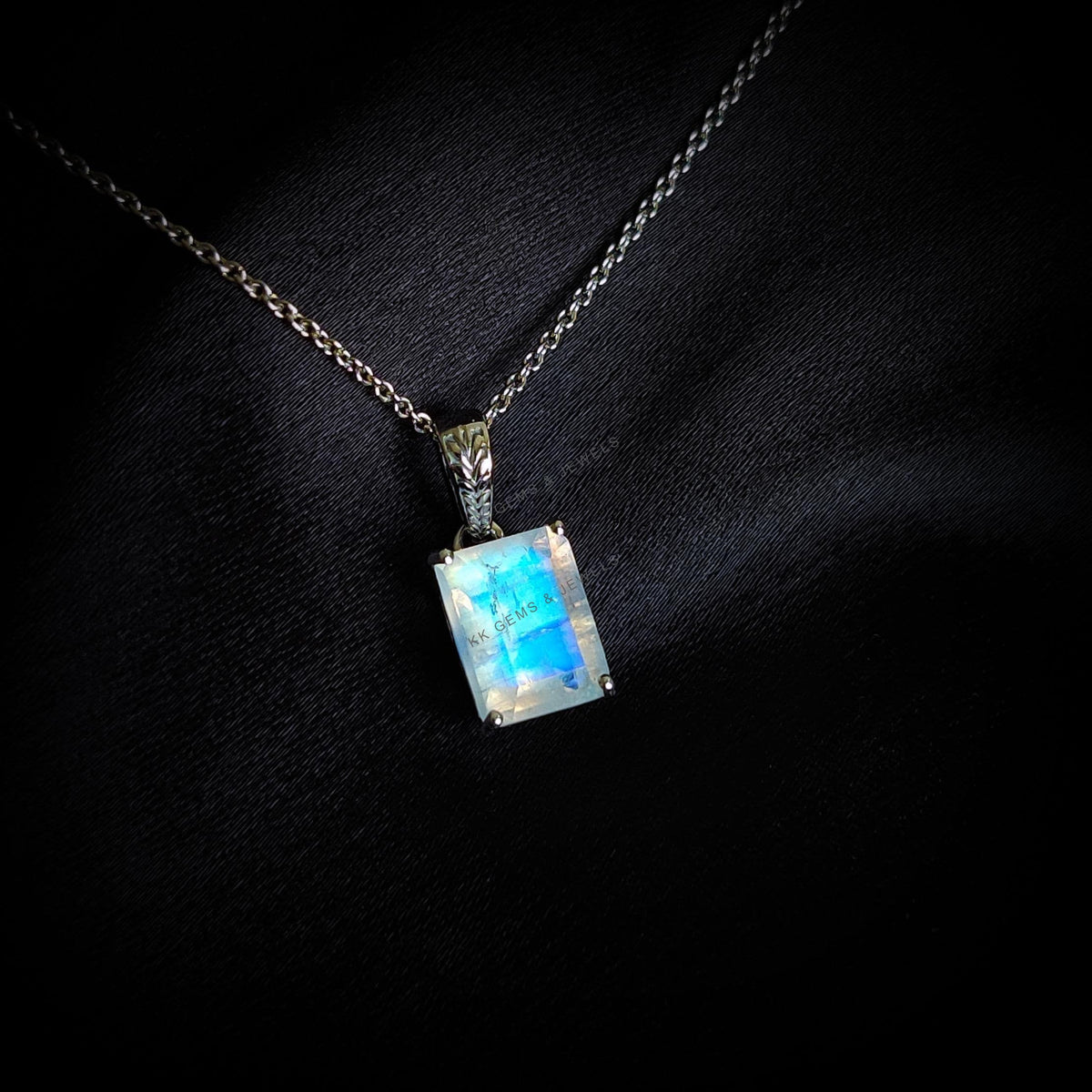Natural Rainbow Moonstone Pendant, 14K Solid White Gold, June Birthstone