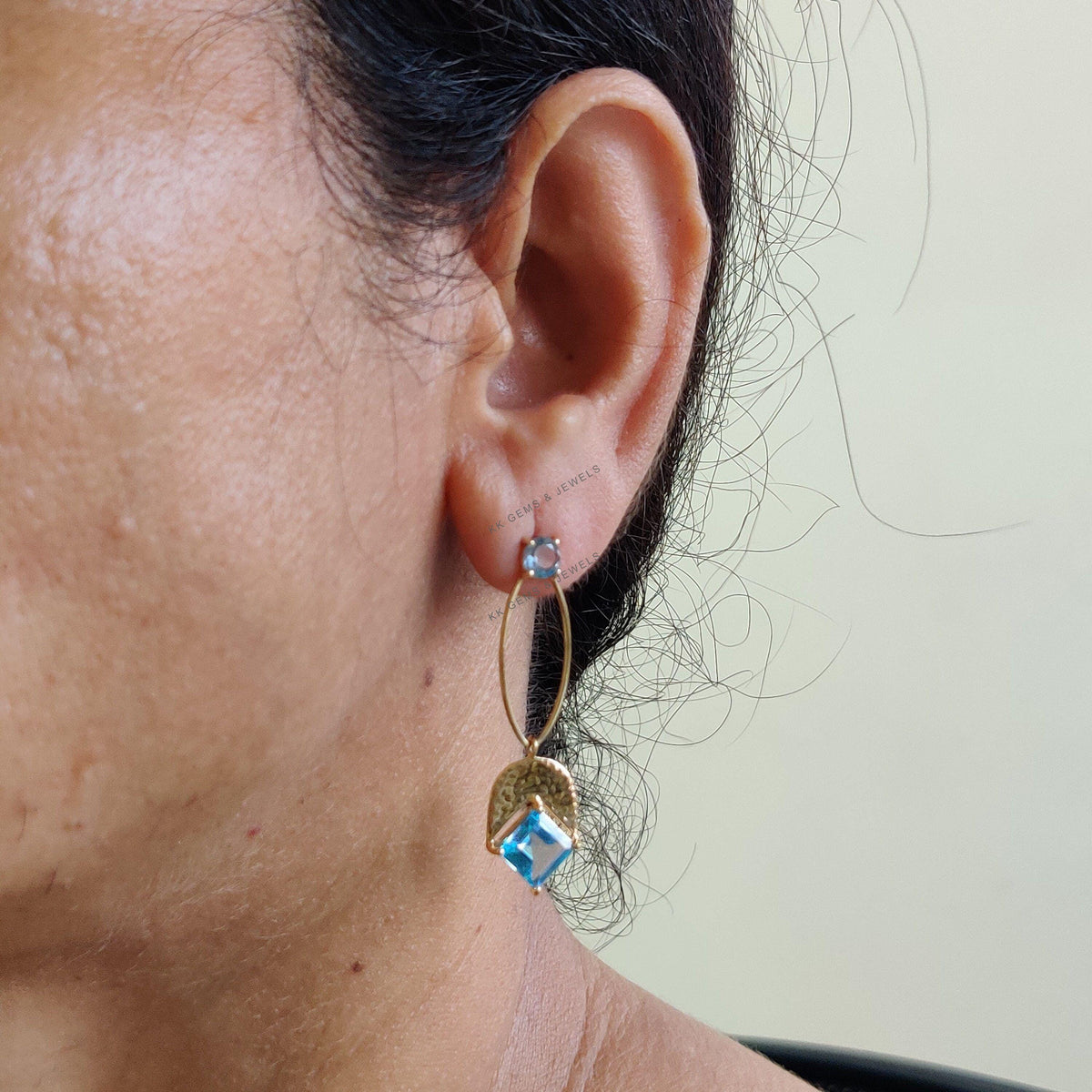 14K Solid Yellow Gold Natural Swiss Blue Topaz Stud Earrings, December Birthstone Danglers