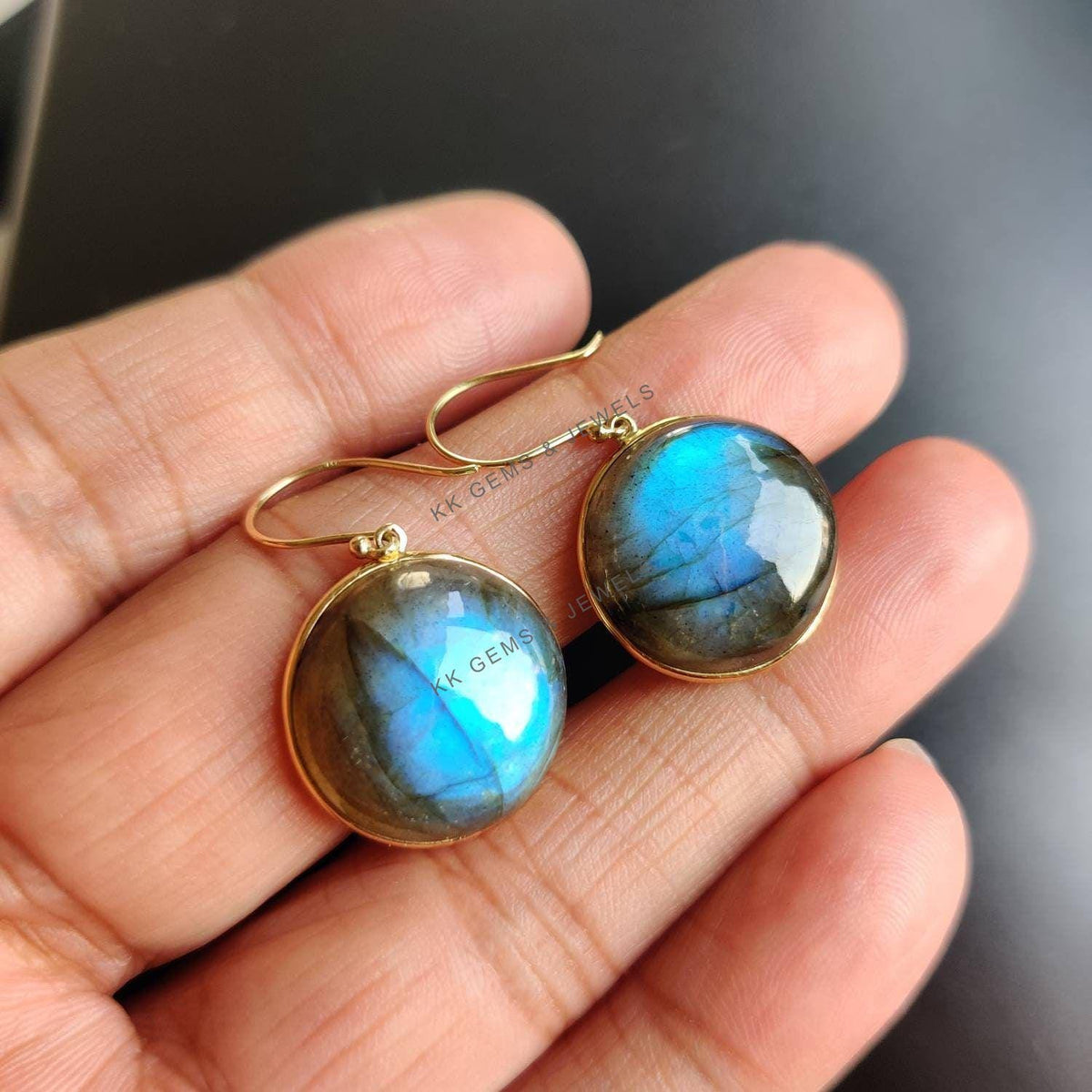 14K Solid Gold Natural Labradorite Earrings, Bezel Set, August Birthstone