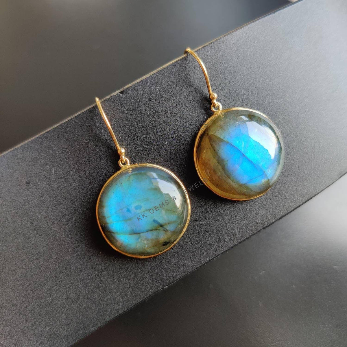 14K Solid Gold Natural Labradorite Earrings, Bezel Set, August Birthstone