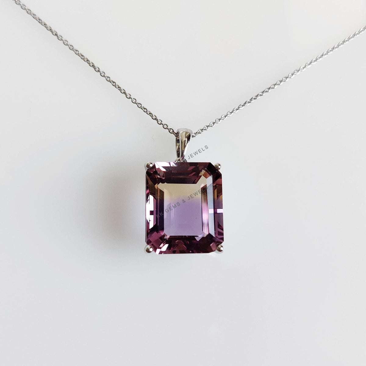 Natural Ametrine Pendant, 14K Solid White Gold Bezel, Octagon Gemstone