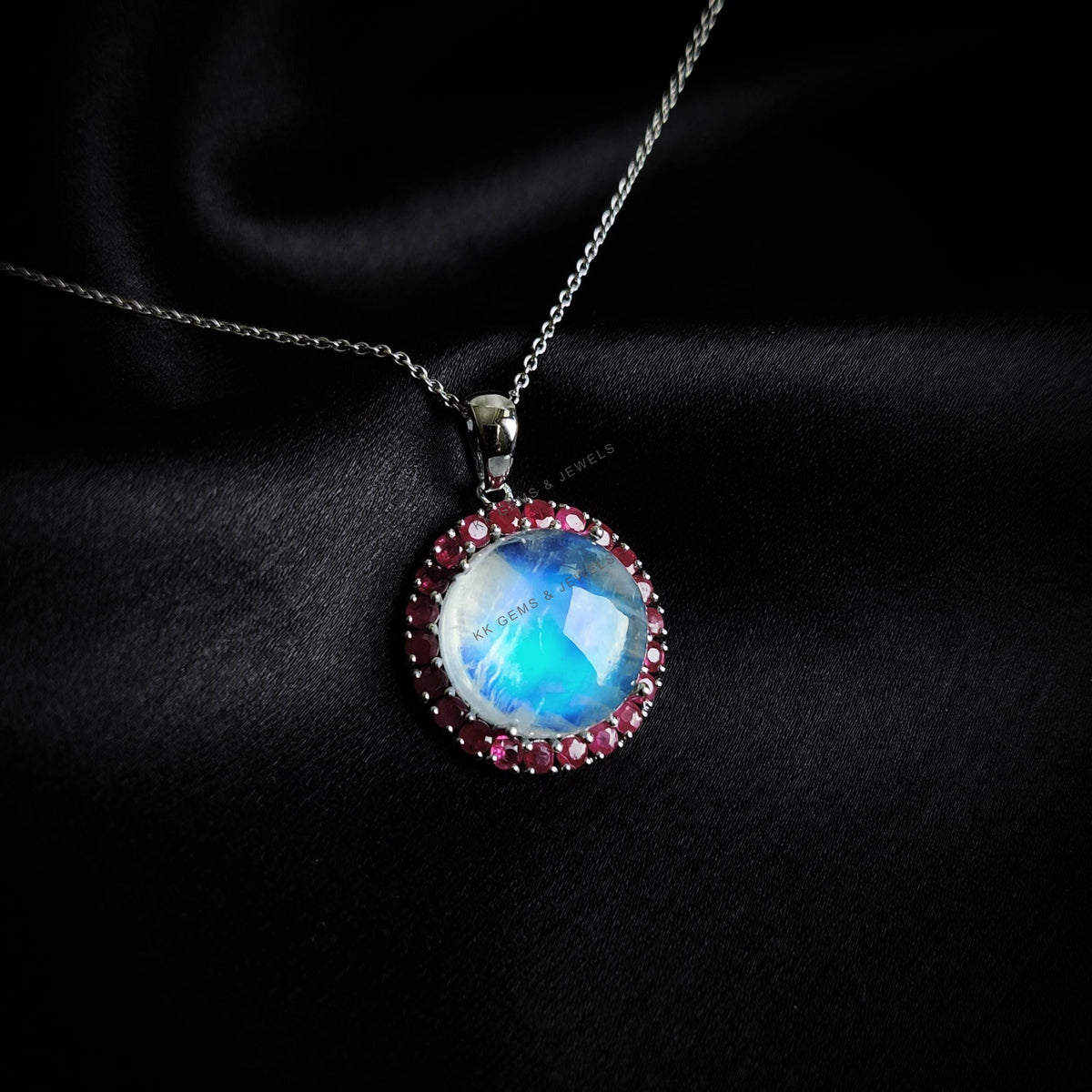 Natural Rainbow Moonstone & Ruby Pendant, 14K Solid White Gold Halo Jewelry